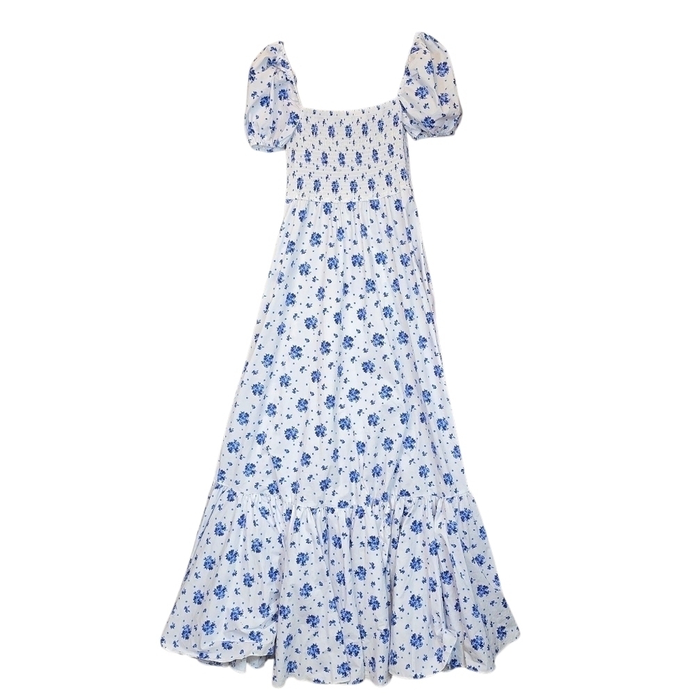 Caroline Constas Gianna Smocked Puff Sleeve Maxi Dress Blue Spot Floral Size XL - Picture 10 of 14